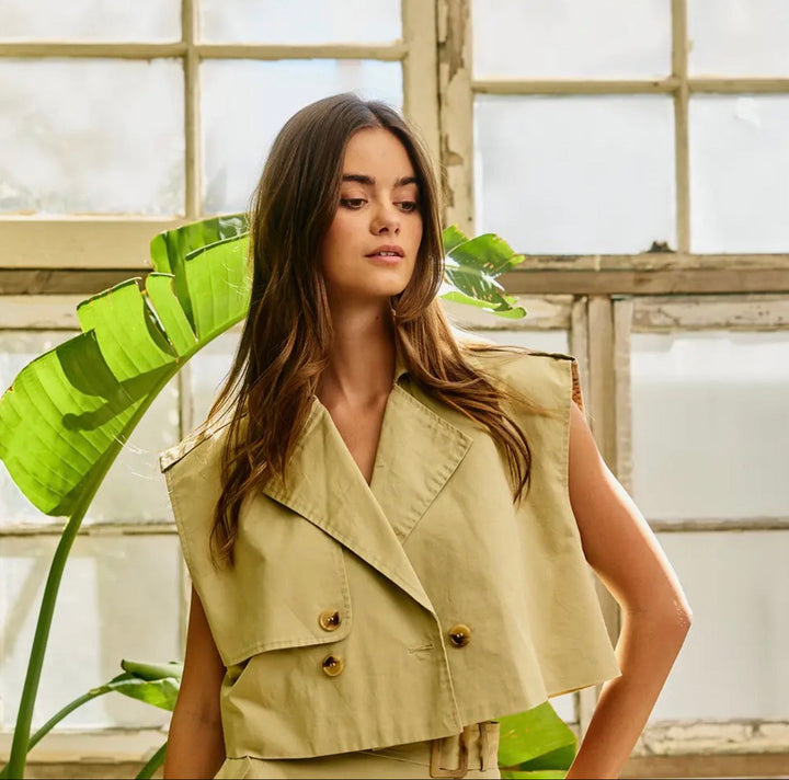 Khaki Cropped Sleeveless Trench Vest