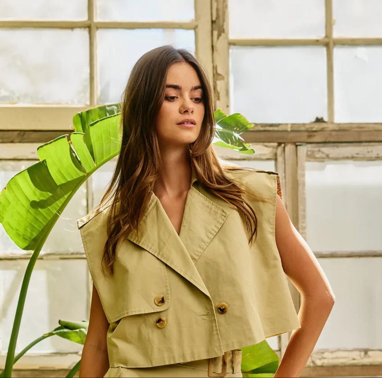 Khaki Cropped Sleeveless Trench Vest