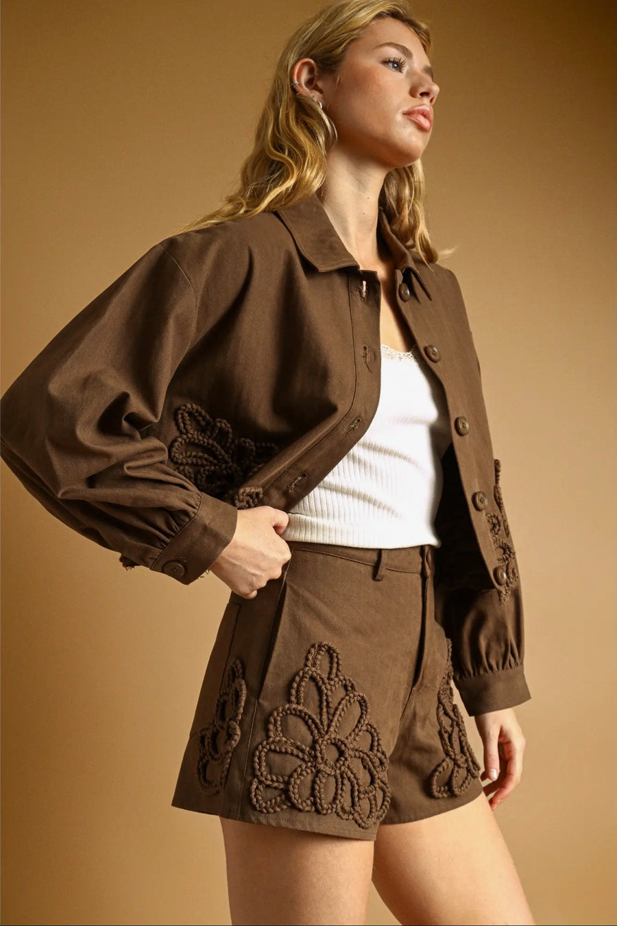 Mocha Embroidered Cropped Jacket