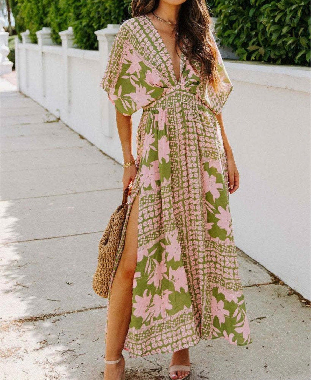 Colorful Green & Pink Floral V-Neck Maxi Dress