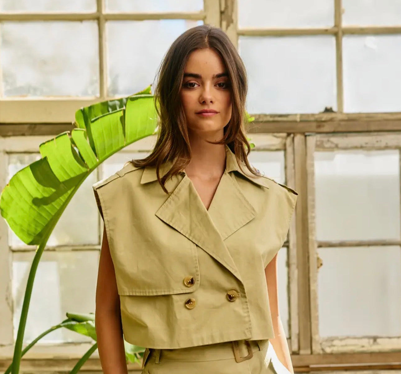 Khaki Cropped Sleeveless Trench Vest