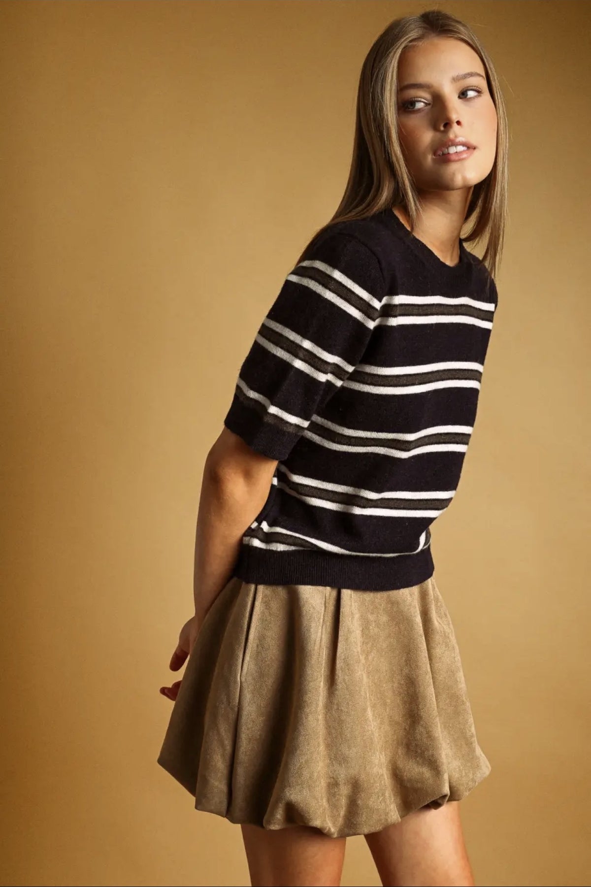Navy Striped Short Sleeve Knit Top