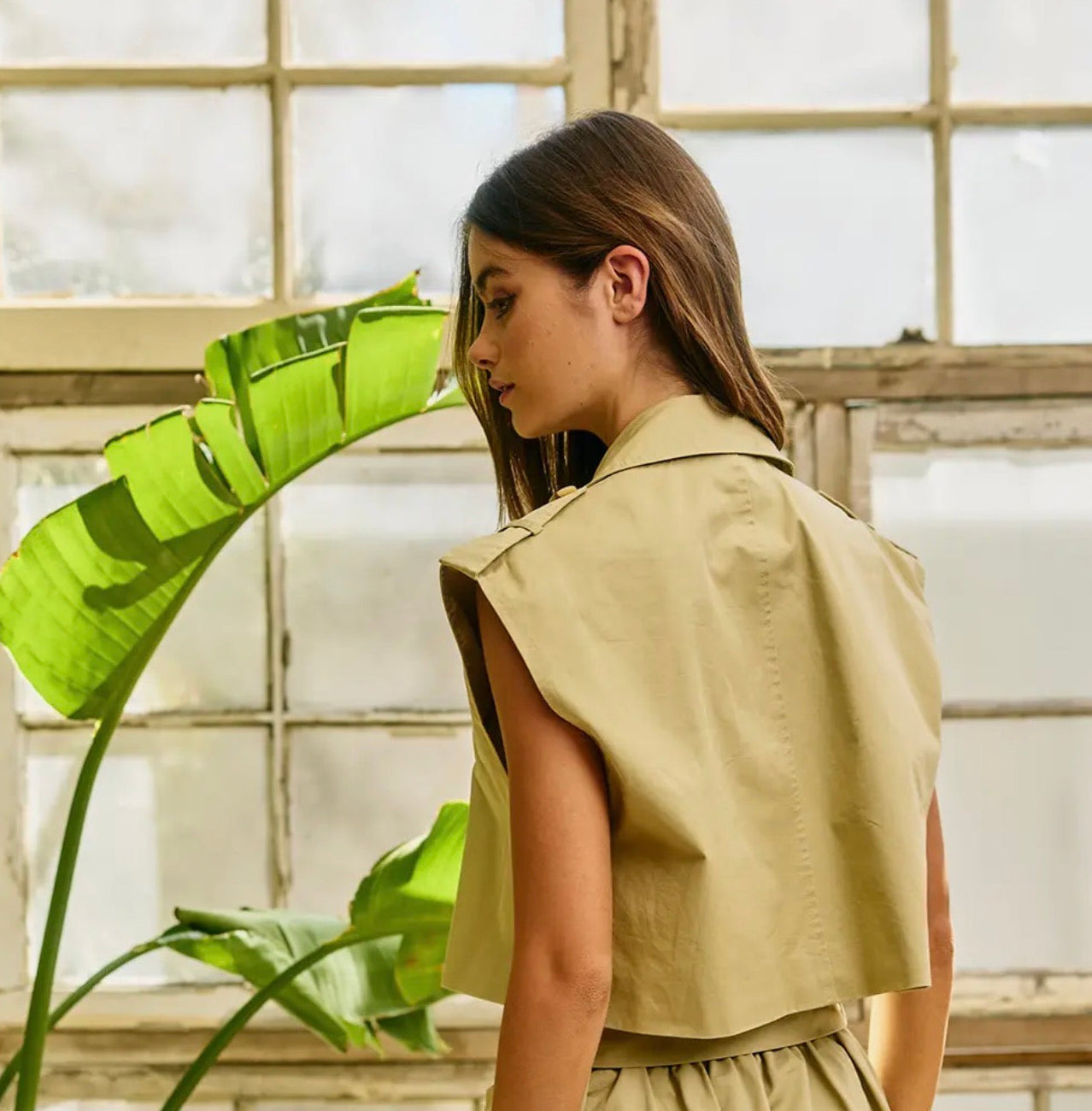 Khaki Cropped Sleeveless Trench Vest