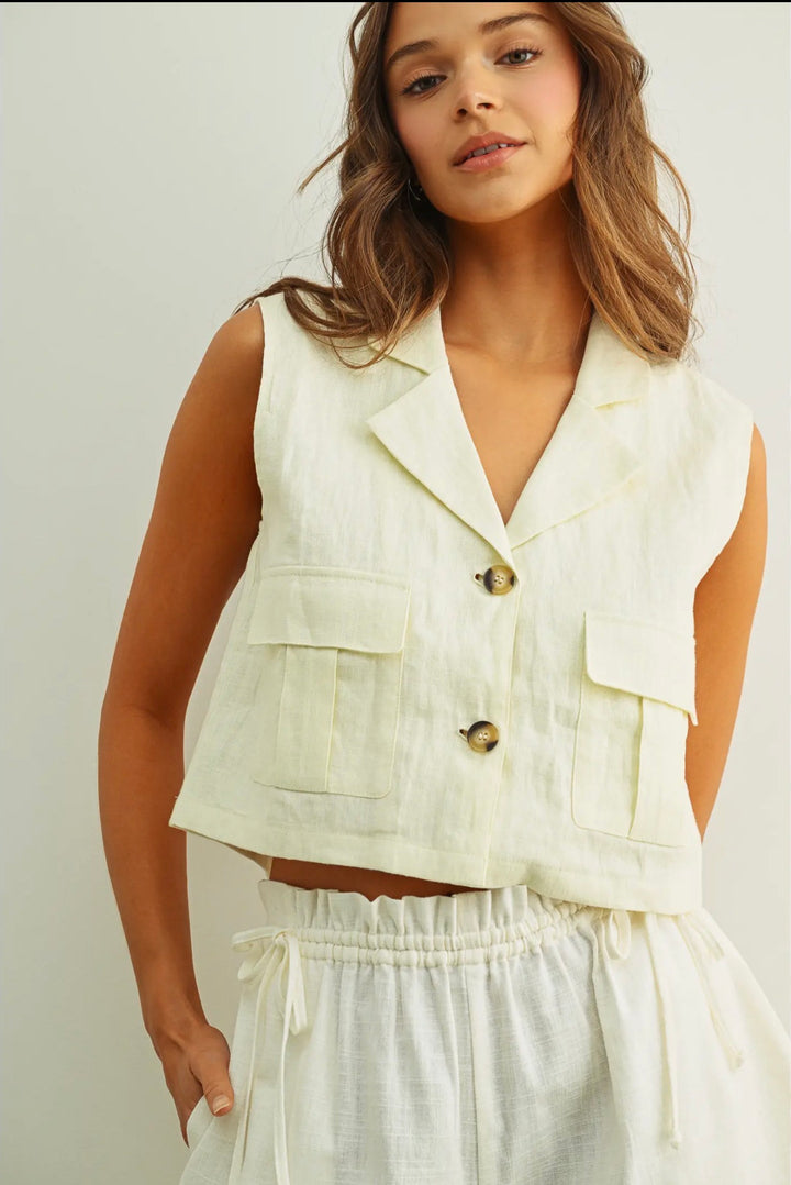 Ivory Linen Sleeveless Button-Up Vest