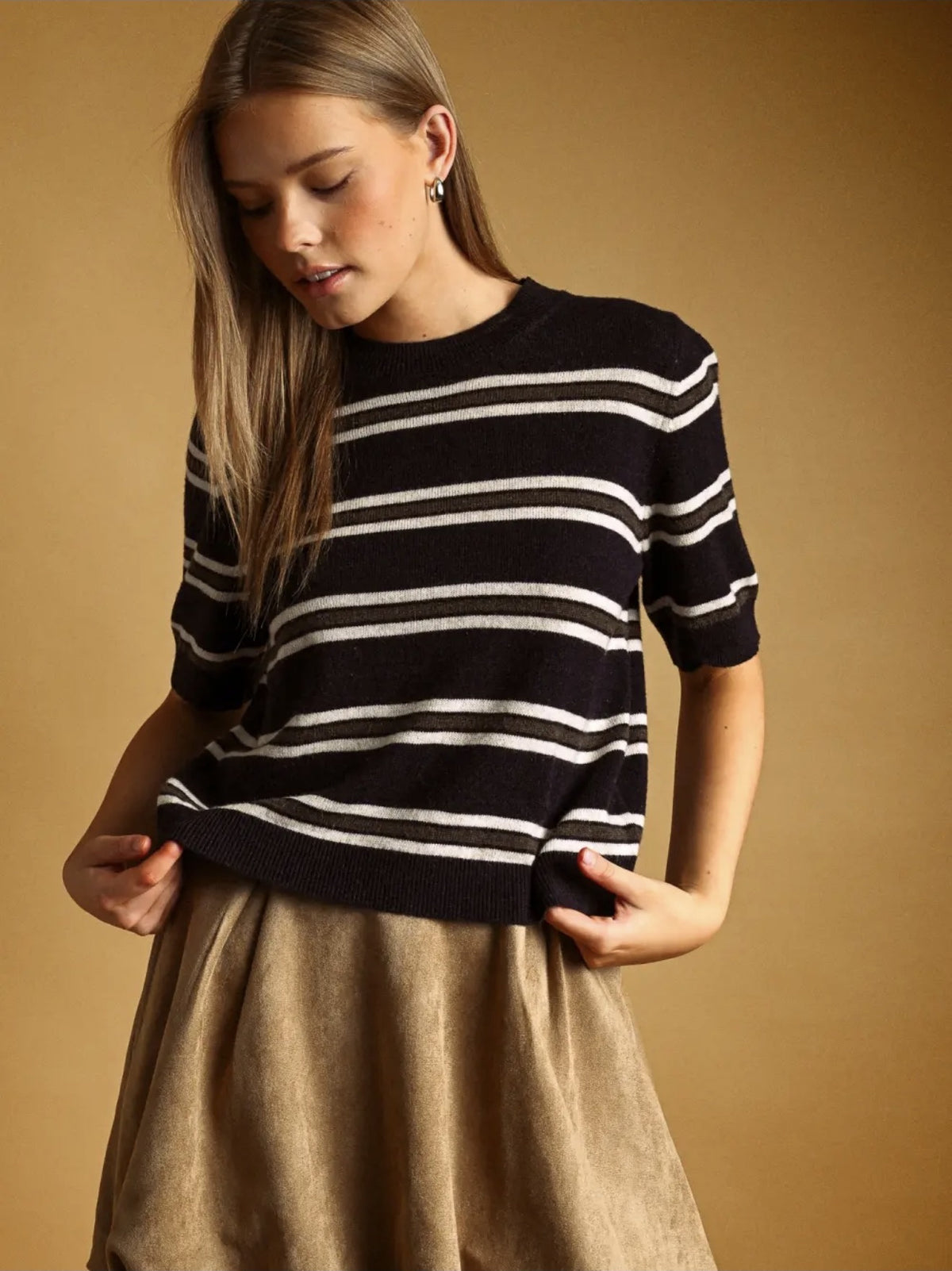 Navy Striped Short Sleeve Knit Top
