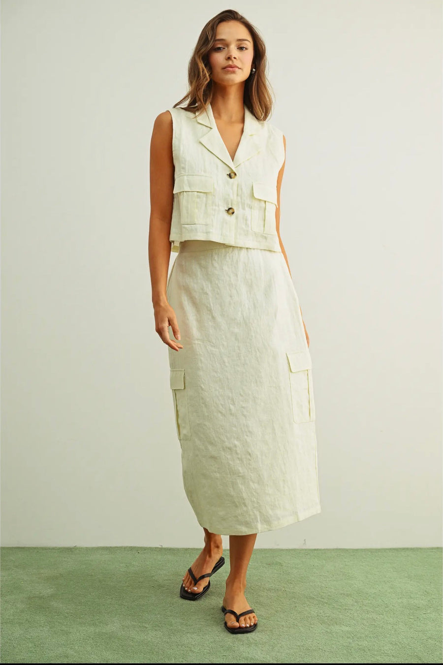 Ivory Linen Cargo Midi Skirt
