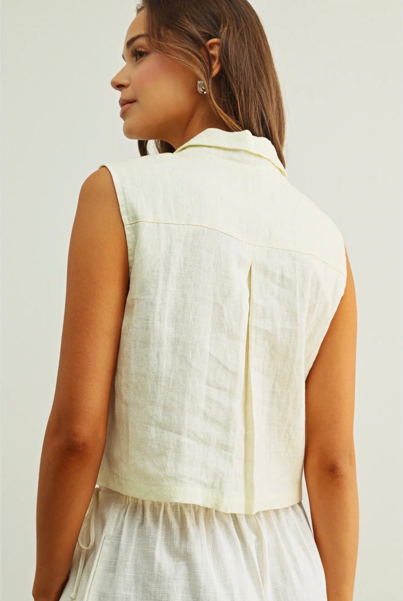 Ivory Linen Sleeveless Button-Up Vest