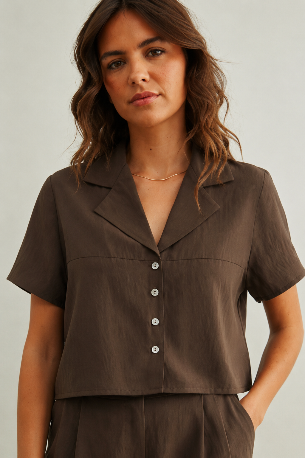 Mocha Button-Up Cropped Shirt
