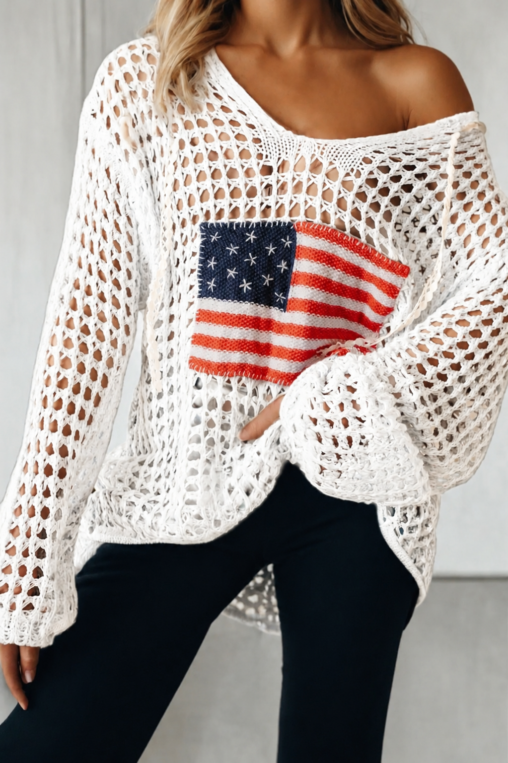 White Crochet American Flag Sweater
