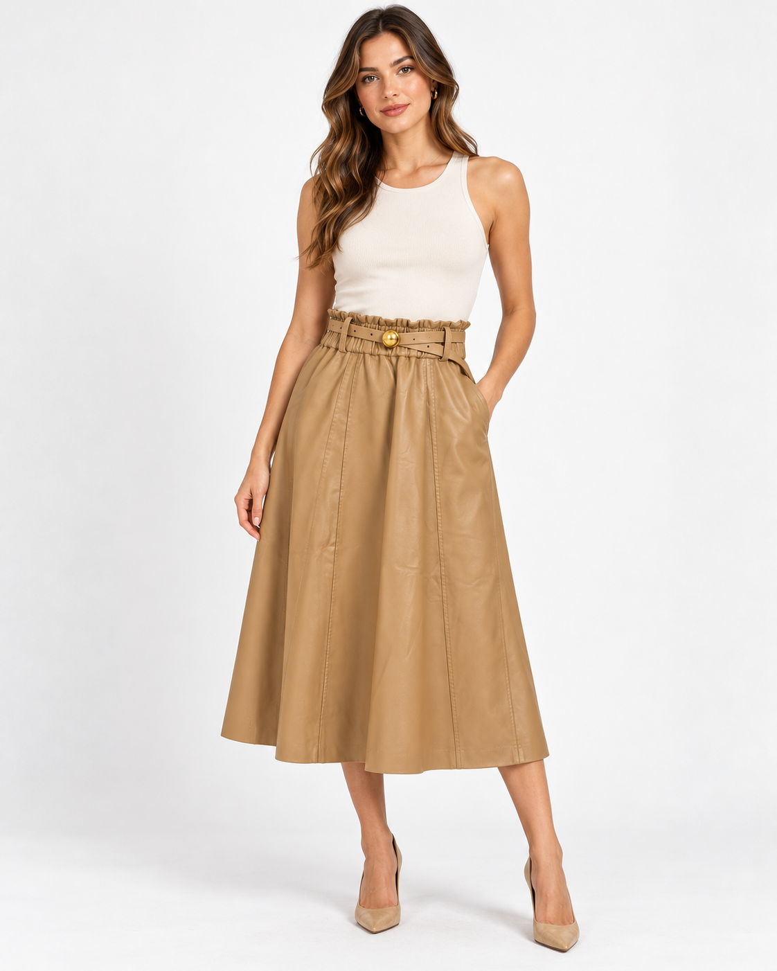 Camel leather Paperbag Midi Skirt