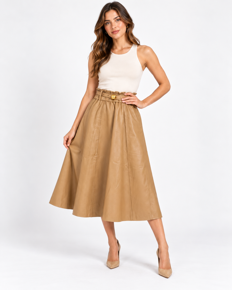 Camel leather Paperbag Midi Skirt
